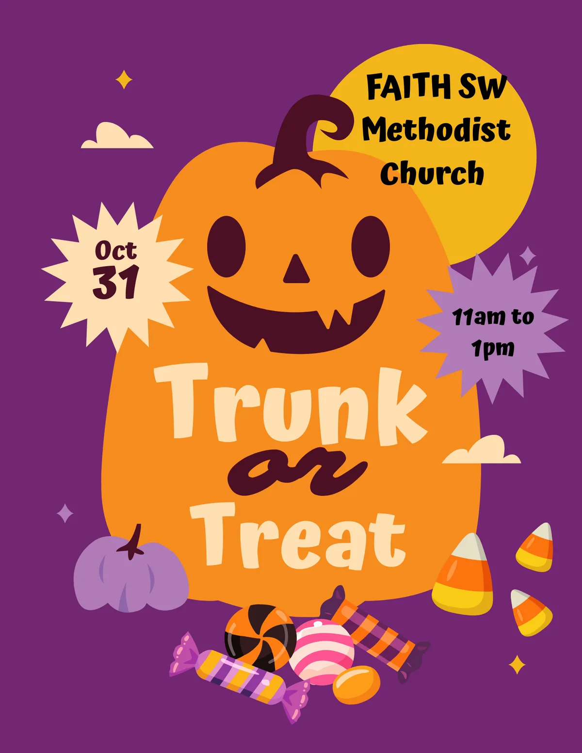 Trunk or Treat flyer: Faith SW Methodist Church, Oct. 31, 11 AM to 1 PM