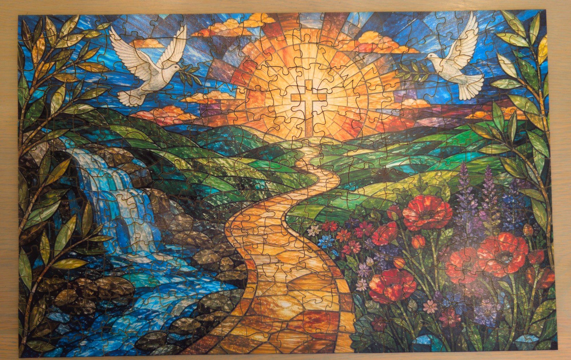 Finished Faith Southwest stained-glass puzzle of Jesus with children, for the outdoor sign fundraiser